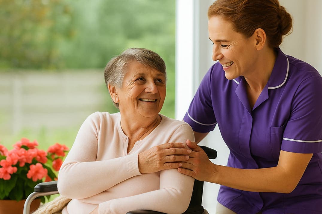 A carer supporting an older person in their own kitchen